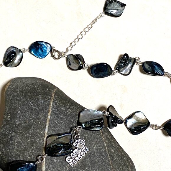Blue Irregular Mother of Pearl Shell Necklace + Cat Person Paw Print Pendant - Picture 4 of 13